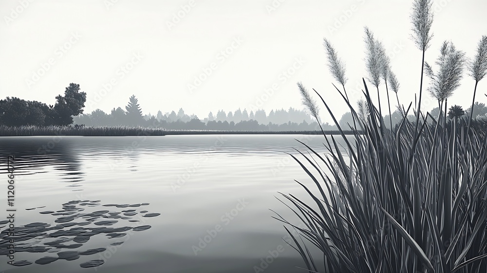 Poster serene lake view with tall reeds and calm water in misty morning landscape setting : generative ai