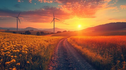 Serene Sunset Over Rolling Fields With Wind Turbines and Vibrant Wildflowers Under a Colorful Sky, Capturing Nature's Beauty and Sustainable Energy
