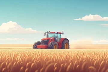 Obraz premium Tractor harvesting wheat fields rural landscape digital illustration serene environment wide-angle view agriculture concept