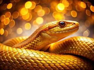 Fototapeta premium A stunning close-up of a golden snake captured in low light, showcasing its striking scales against a dreamy bokeh background, perfect for wildlife enthusiasts.