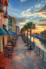 Fototapeta premium Downtown riverfront with shops, cafes, and boardwalk areas