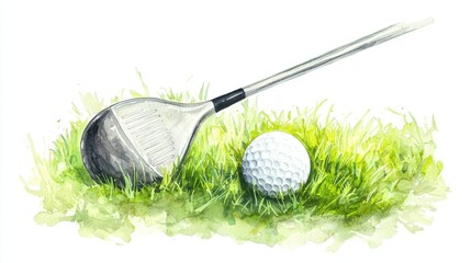 An artistic representation of a golf club and ball resting on lush green grass. Perfect for golf enthusiasts and sports-themed projects.