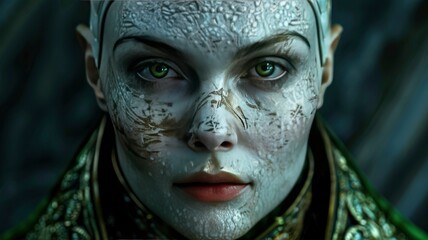 Close-up Portrait of a Fictional Pale-Skinned Woman with Elven-Like Ears and Intricate Facial