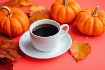 a cup of fragrant coffee, pumpkins and autumn leaves
