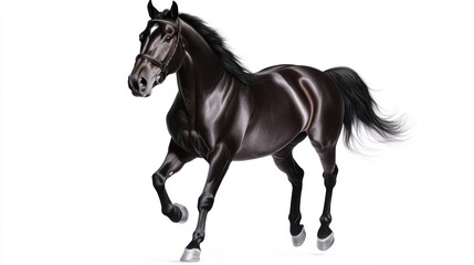 Obraz premium A dynamic black horse in motion against a white background.
