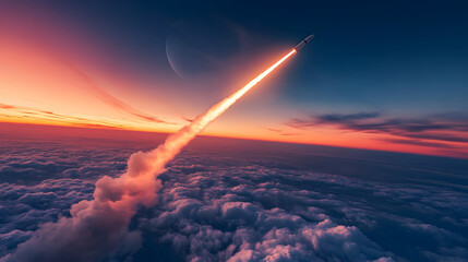 Fototapeta premium Rocket Soaring Through Vibrant Sunset Skies, Leaving a Fiery Trail Over a Sea of Clouds as it Races Toward Space