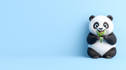 A cute panda holding bamboo against a light blue background.