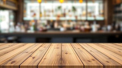 Empty wooden bar counter with a blurred background of a bar or restaurant, perfect for showcasing drinks, menus, or creating a social atmosphere.