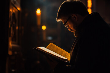 Orthodox priest in traditional vestments holding a service, warm church lighting, respectful and sacred