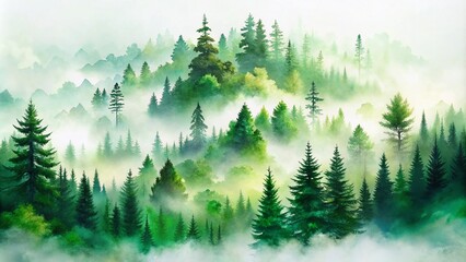 A stunning watercolor double exposure depicting a foggy forest hill, featuring evergreen trees shrouded in mist, creating an enchanting, serene landscape of tranquility.