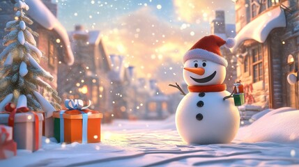 Obraz premium Snow man and gifts flat design front view North Pole theme 3D