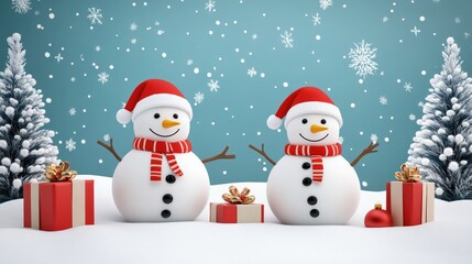 Fototapeta premium Snow man and gifts flat design front view North Pole theme 3D