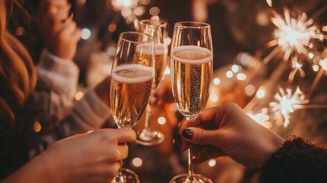 Festive glasses of champagne clinking against a backdrop of sparklers for New Year Eve