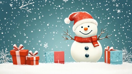 Fototapeta premium Snow man and gifts flat design front view North Pole theme 3D