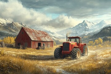 Obraz premium Tractor working in a mountainous landscape with barn scenic farm setting rural environment capture of nature's beauty