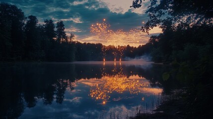 Fireworks reflecting over a calm lake, bringing in the New Year in a serene setting