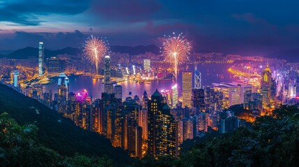 Obraz premium Fireworks seen from a mountain viewpoint, looking down on a brightly lit city