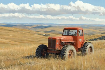 Obraz premium Rustic red tractor in golden field rural landscape art scene serene environment wide viewpoint for tranquility and reflection