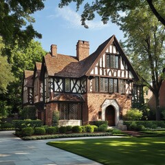 Tudor Revival Home: Majestic brick Tudor-style house with half-timbering, surrounded by lush greenery and a meticulously manicured lawn.