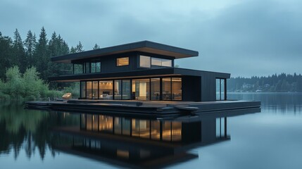 Fototapeta premium Floating house on a lake with modern design and minimalistic features