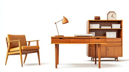 A stylish wooden desk with a chair and bookshelf, ideal for a modern workspace.