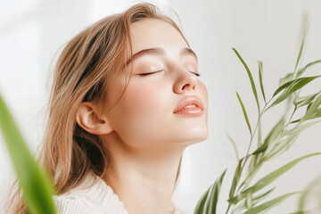 Fototapeta premium A woman with long blonde hair is sitting with her eyes closed