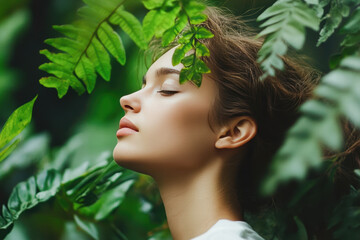 A woman is sitting in a lush green forest, looking up at the sky