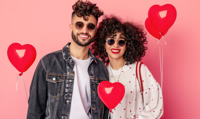 A man and woman are posing for a picture with red balloons and a pink background