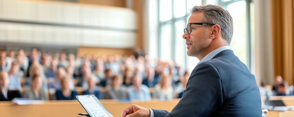 A man in a suit is giving a presentation in front of a large audience