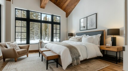 Fototapeta premium This modern studio bedroom features a vaulted ceiling, wood accents, a comfortable bed, an inviting chair, large black windows, and a neutral carpet for a clean, luxurious look.