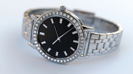 Elegant silver wristwatch with a black face and diamond-like embellishments.