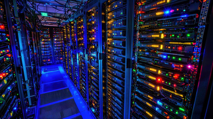 High resolution photograph of secure server room with colorful lights, showcasing advanced technology and organized equipment