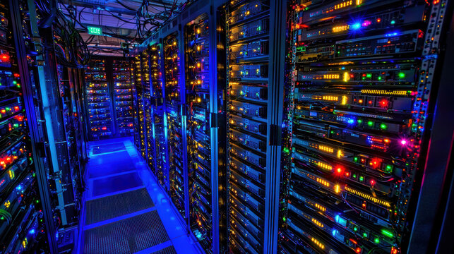 High resolution photograph of secure server room with colorful lights, showcasing advanced technology and organized equipment