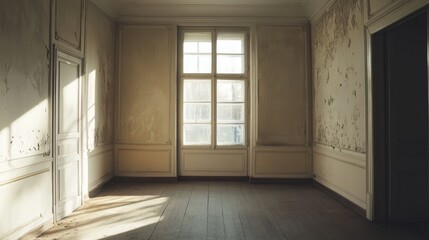 Sunlit abandoned room with peeling walls and wooden floor.