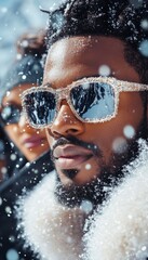 Fototapeta premium Man standing confidently in snow with vibrant reflective sunglasses