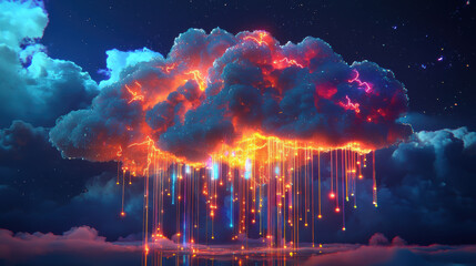 Fototapeta premium Bright holographic cloud with vibrant colors and glowing raindrops, creating magical atmosphere in night sky