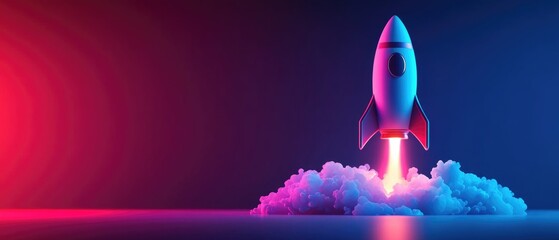 Illustration of rocket taking off, startup concept, background with neon lights