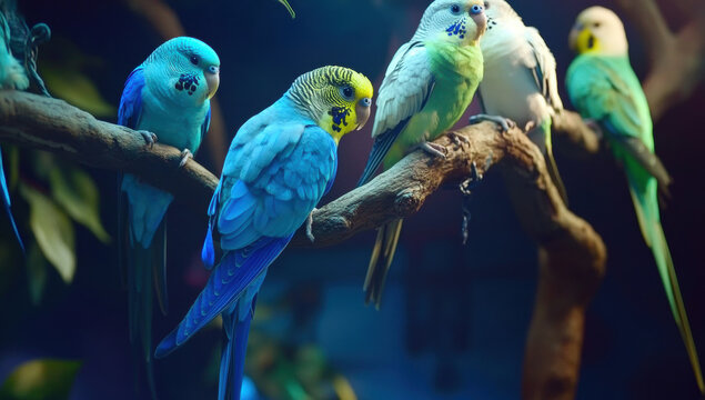 Colorful parakeets perched on tree branches in vibrant, natural setting, illuminated by soft lighting that highlights their vivid feathers and lively expressions
