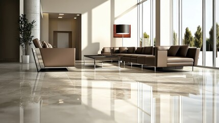 Modern lobby interior with leather sofas, polished floor, and large windows.