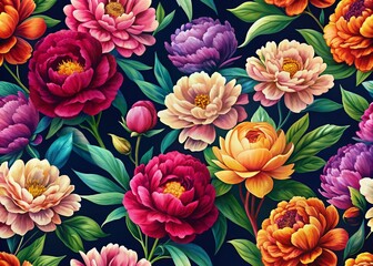 A vibrant peony floral pattern contrasts beautifully against a dark background, perfect for seamless applications in fashion and home decor, radiating elegance and charm.