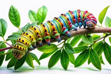 Naklejka premium A vibrant polygonal illustration of a colorful caterpillar perched on a branch, surrounded by lush greenery, perfectly suited for nature documentary photography.
