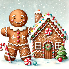 Lebkuchenmann mit Lebkuchenhaus und Weihnachtsdekoration – KI generiert