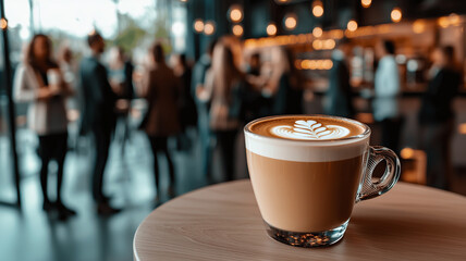 A blurred scene of a coffee break at a business event, with attendees mingling and networking in the background.

