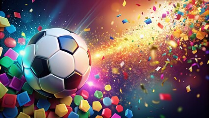 Naklejka premium A vibrant scene bursts with joy as a soccer ball soars amidst a colorful shower of confetti, celebrating a triumphant sporting victory with excitement.