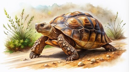 Obraz premium A vibrant watercolor illustration of a rustic desert tortoise, showcasing rich earth tones against a pristine white background, capturing the beauty of desert wildlife.