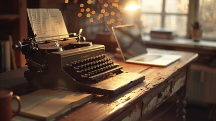 Vintage typewriter alongside modern laptop on rustic wooden desk