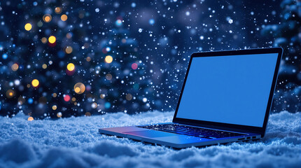  Laptop with a blue screen nestled in the snow with a twinkling Christmas tree in the background, perfect for holiday tech promotions, winter online shopping themes, or festive greetings.