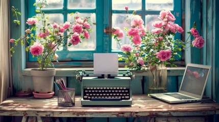 Vintage typewriter alongside modern laptop on rustic wooden desk