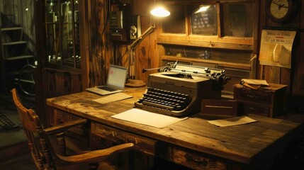 Vintage typewriter alongside modern laptop on rustic wooden desk