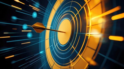 Blue and yellow dartboard with dart in the center Business dartboard concept
